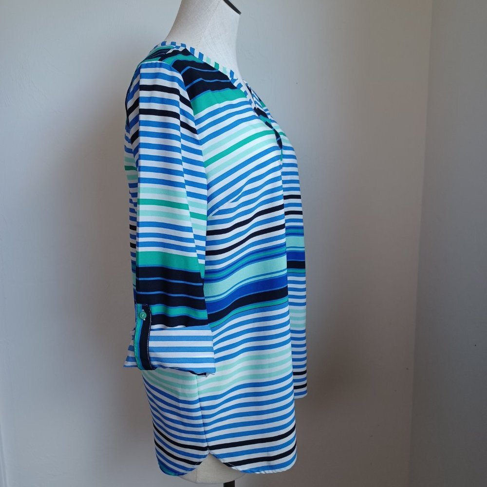 Talbots Blouse Stripe Roll Tab Sleeve Tunic Length Size Large - Picture 9 of 16